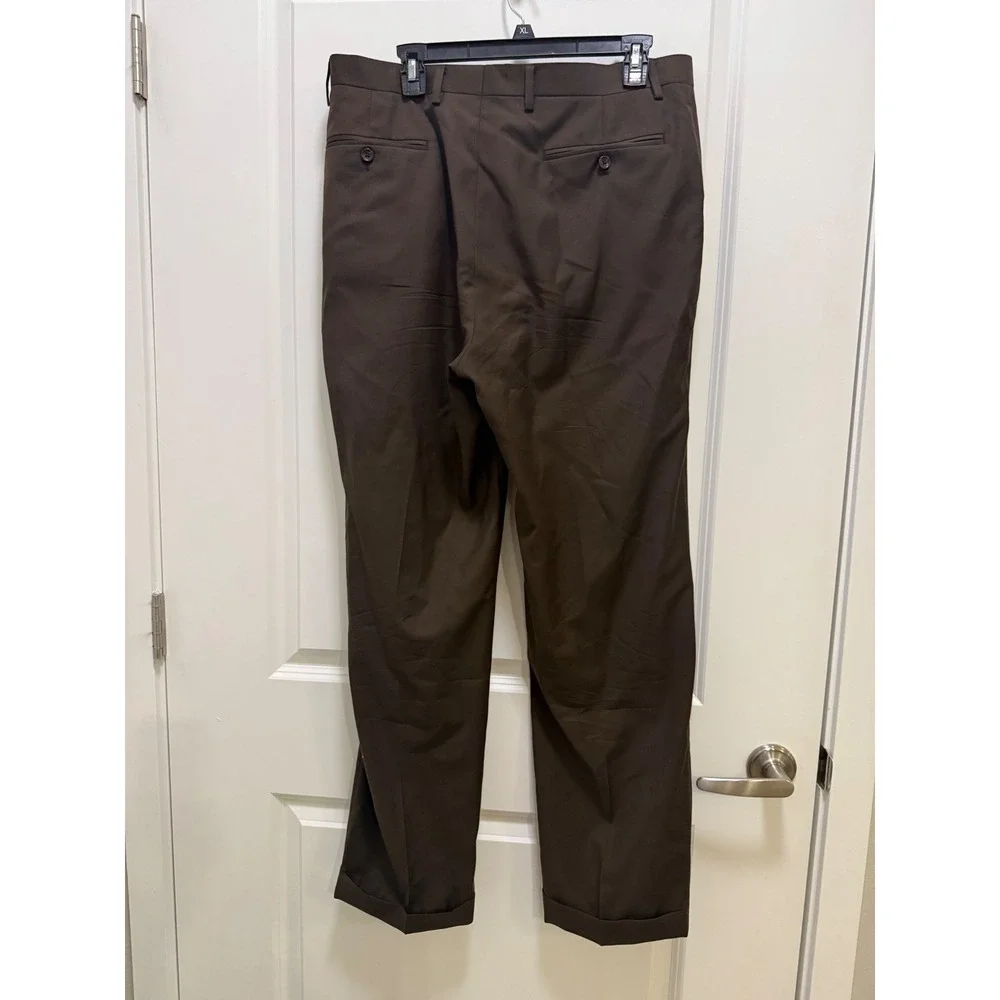 Zante Mens Pleated Dress Pants Brown Cuffed Hem Size 34 Business Slacks
